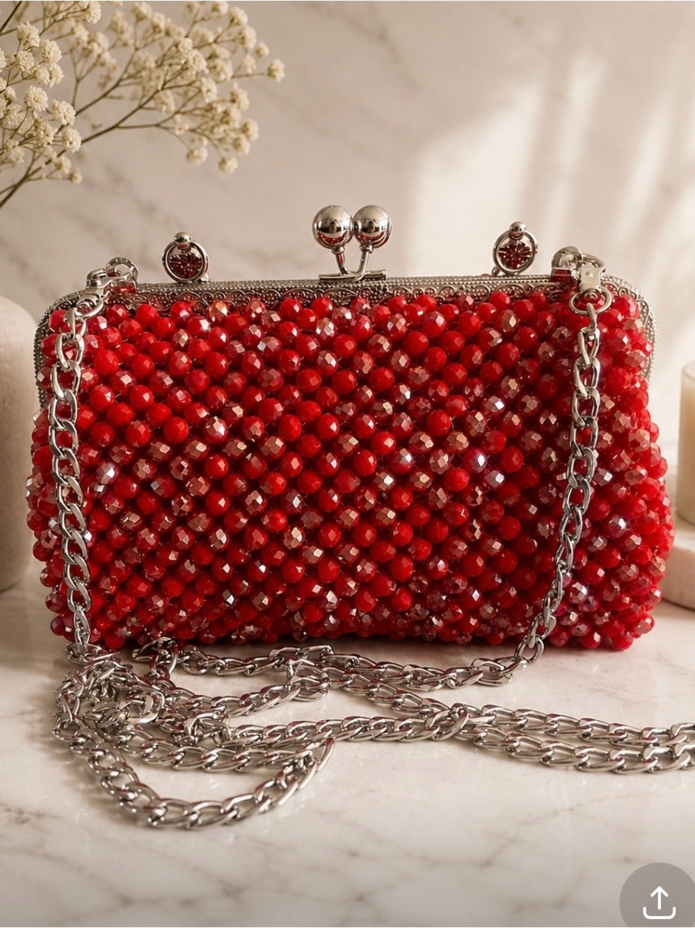 Red Beaded Chain Crossbody Clutch